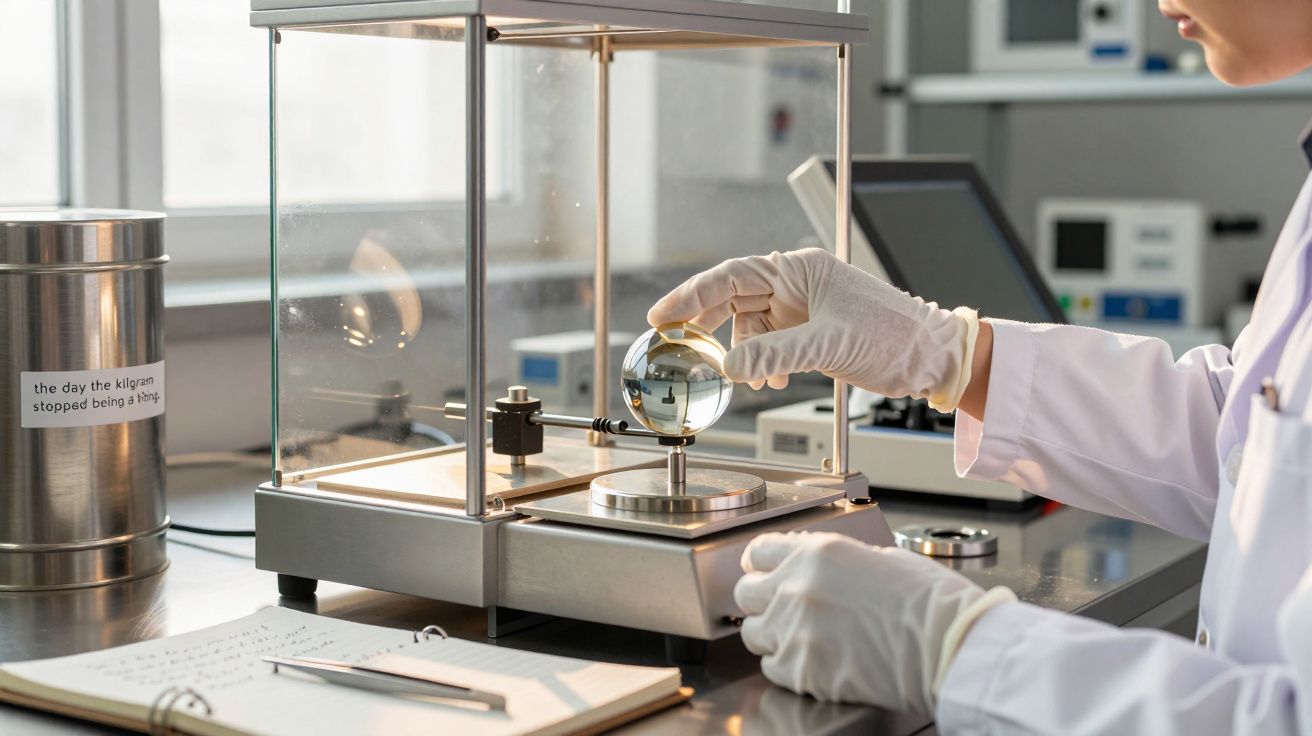 Cientista manuseia esfera em balança de precisão num laboratório, com caderno de anotações ao lado.