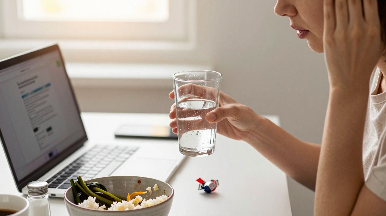 Pessoa sentada à mesa com portátil, segurando um copo de água. Na mesa, um prato com comida e um telemóvel.