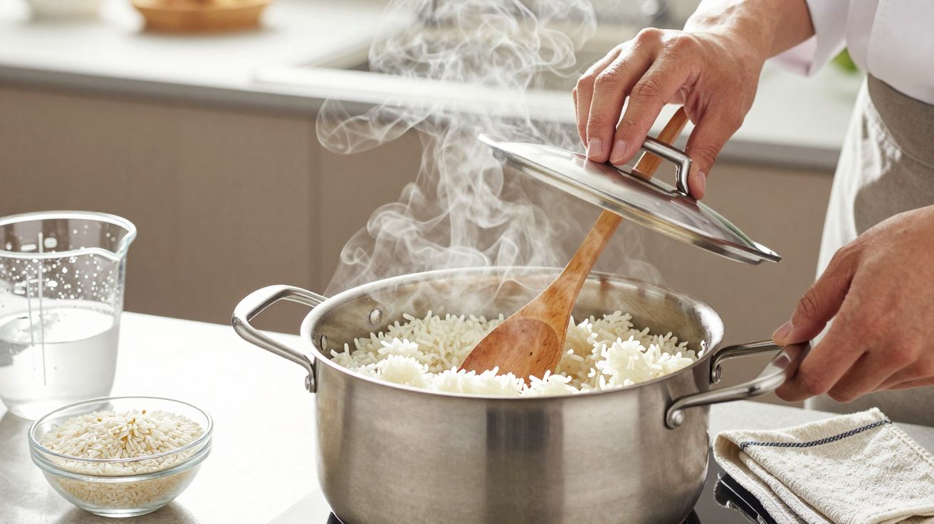 Pessoa cozinhando arroz branco numa panela com colher de pau, vapor visível.