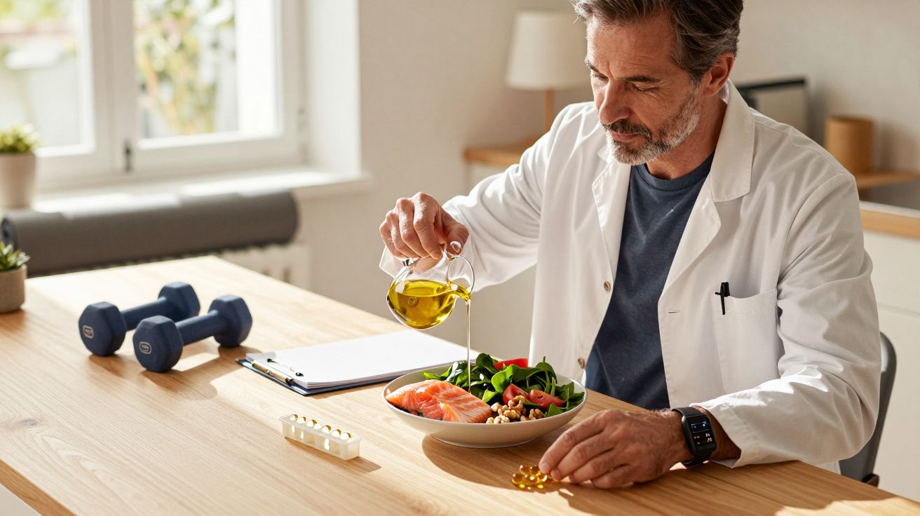 Homem de bata branca a temperar salada com azeite, numa mesa com halteres e suplementos, num ambiente claro e organizado.