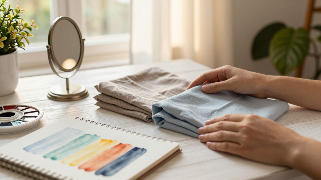 Mãos dobram tecidos em mesa com planta, espelho e caderno de desenhos em aguarela.