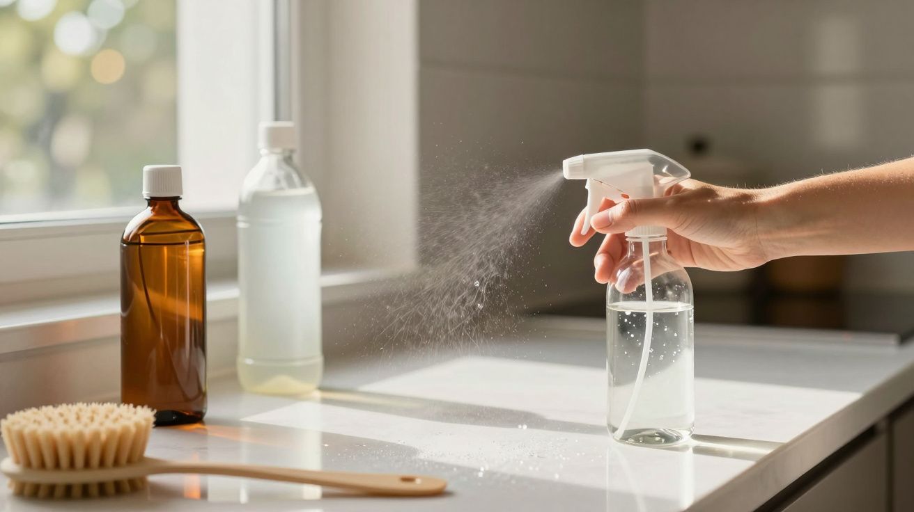 Mão a pulverizar líquido numa bancada com frascos e escova de limpeza ao lado.