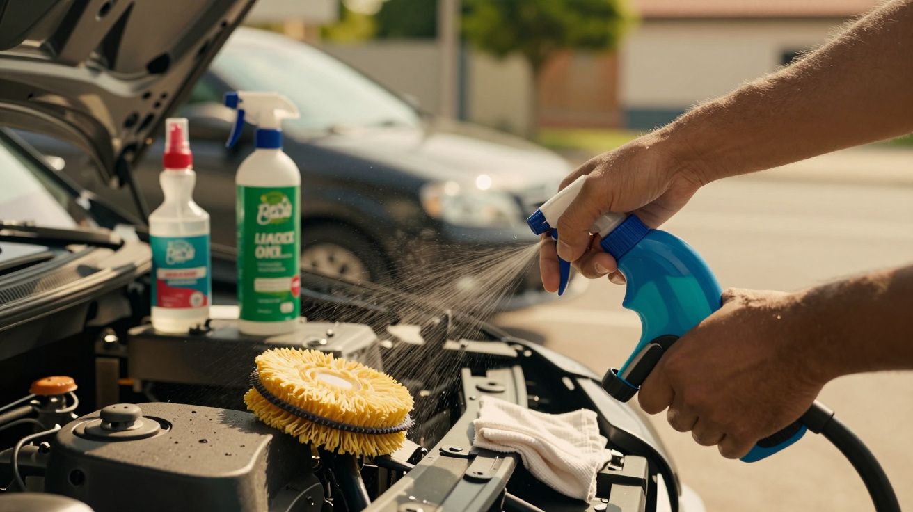 Pessoa limpa o motor de um carro com uma escova amarela e líquido de limpeza, outras garrafas visíveis ao fundo.