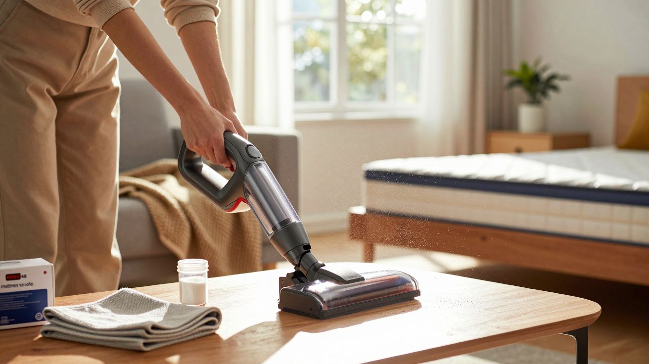 Pessoa a usar um aspirador portátil numa mesa de madeira numa sala com cama ao fundo.