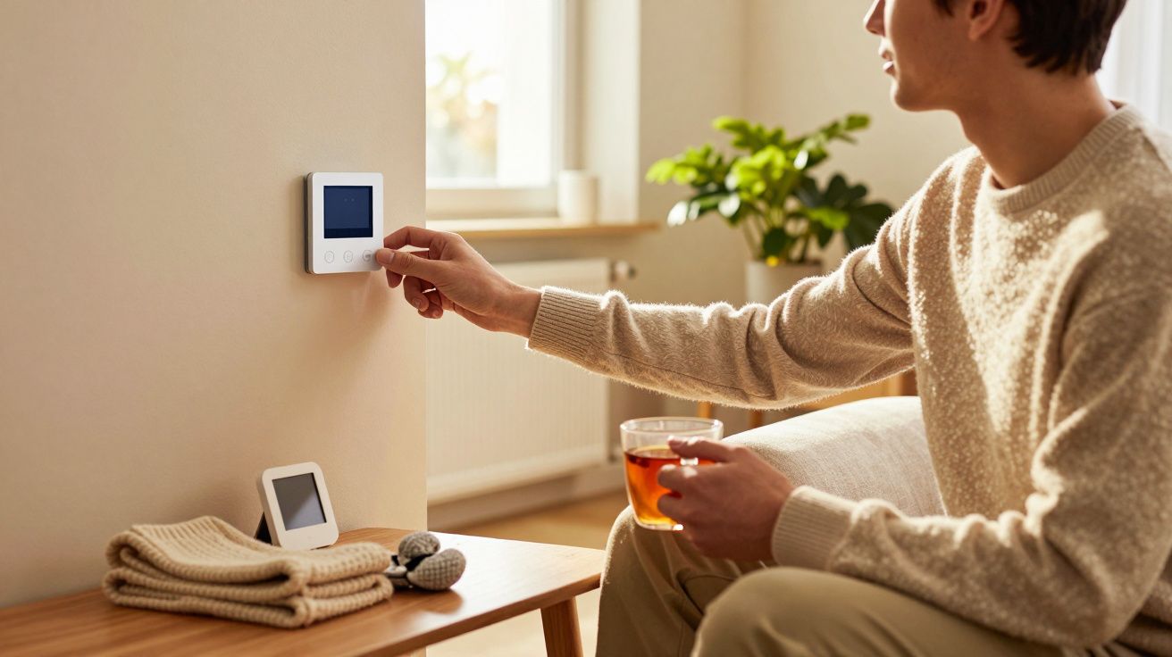 Pessoa ajusta termostato enquanto segura chá em sala com mesa e plantas.