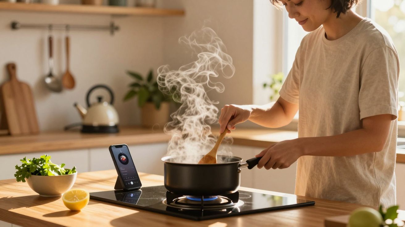 Pessoa a cozinhar numa panela preta com vapor, em cozinha moderna. Telefone sobre a bancada ao lado.