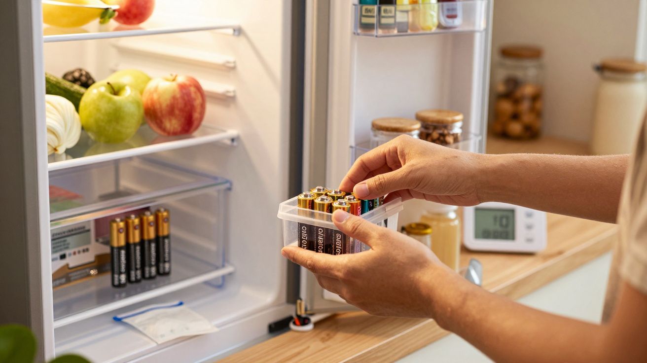 Pessoa a guardar pilhas num frigorífico, próximo de frutas e jarros.