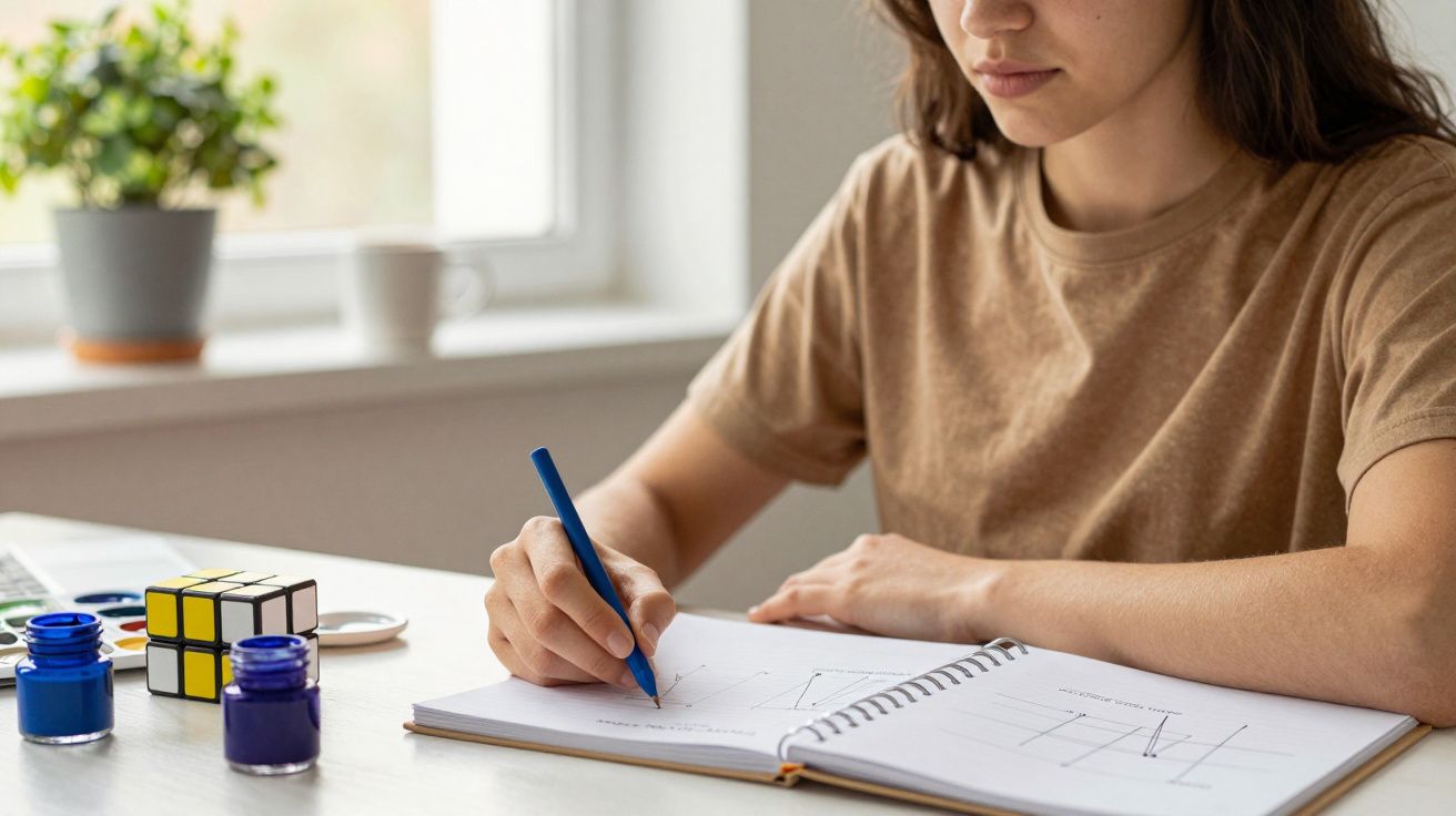 Mulher escrevendo num caderno, com cubo de Rubik e tintas sobre a mesa.