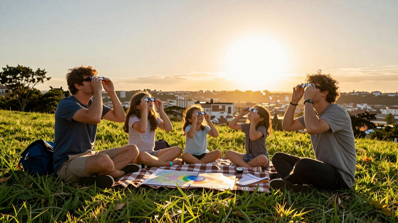 Família sentada na relva a observar o céu ao pôr do sol com óculos de proteção solar.