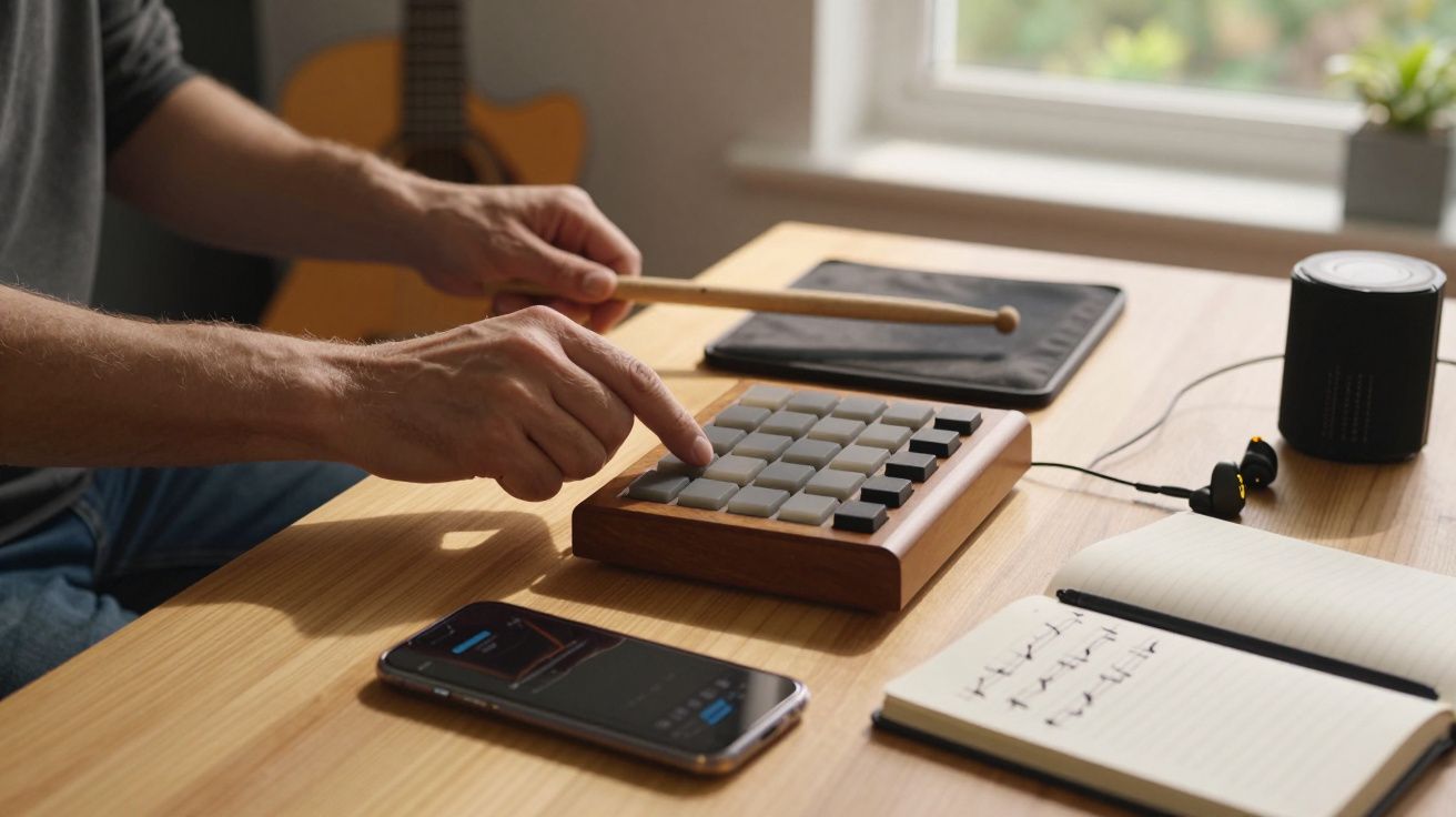 Pessoa a tocar pad de percussão eletrónico numa mesa com telemóvel, caderno e auscultadores. Guitarra ao fundo.