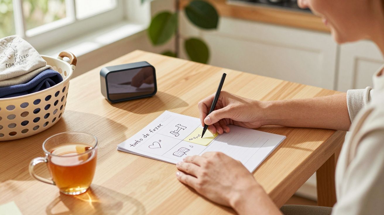 Pessoa escreve numa lista à mesa, com chá ao lado. Há uma caixa de arrumação ao fundo e luz natural da janela.