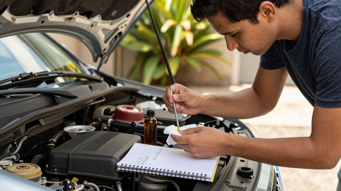 Homem verifica o nível de óleo do carro com a vareta, ao lado de um bloco de notas no motor.