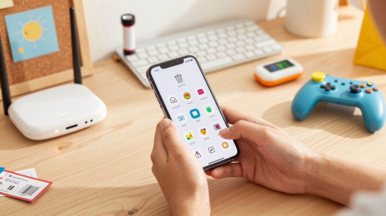 Pessoa segura smartphone com ecrã de ícones de aplicações, em mesa com teclado, comando de jogo e roteador.