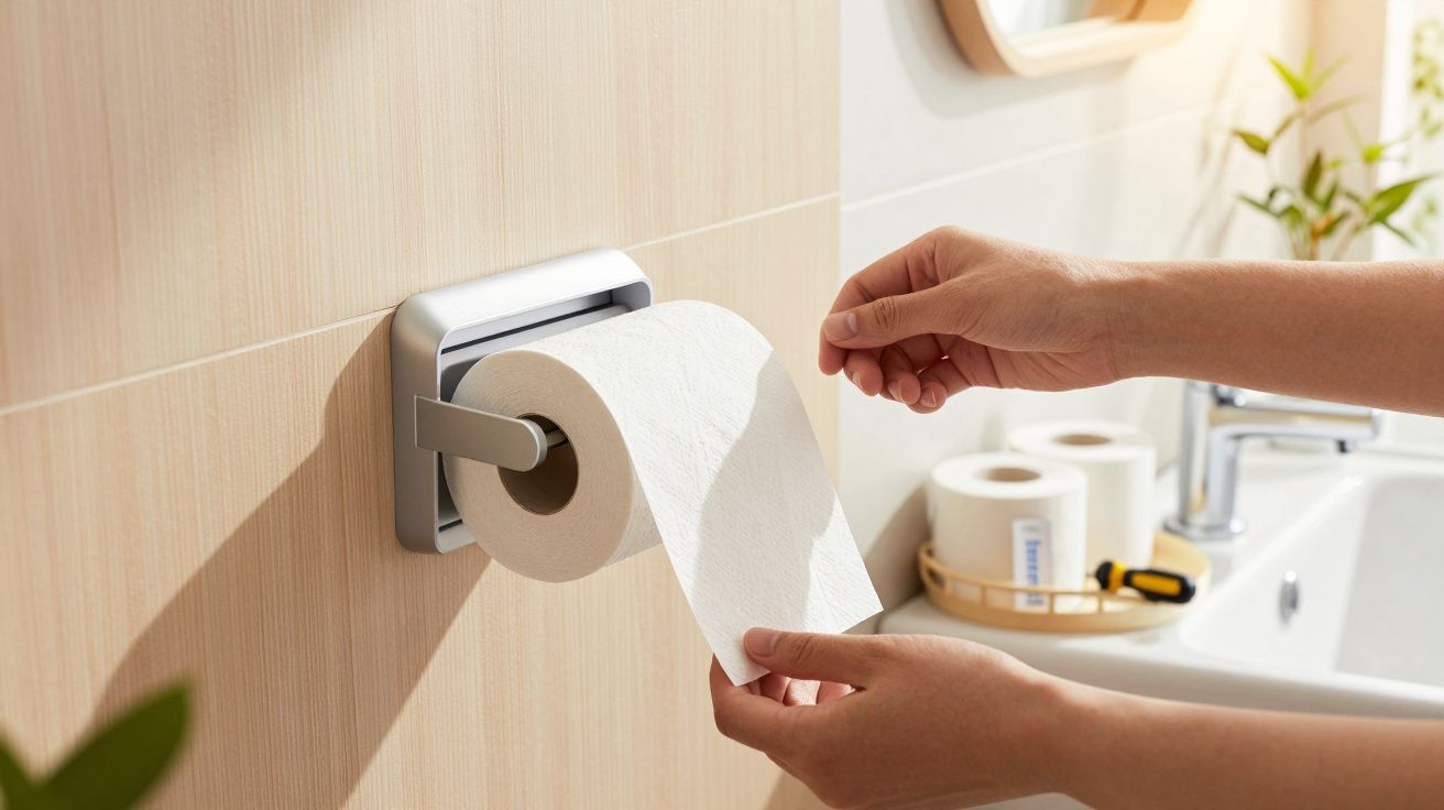 Mãos segurando papel higiénico no suporte de casa de banho, com lavatório e rolos extras ao fundo.