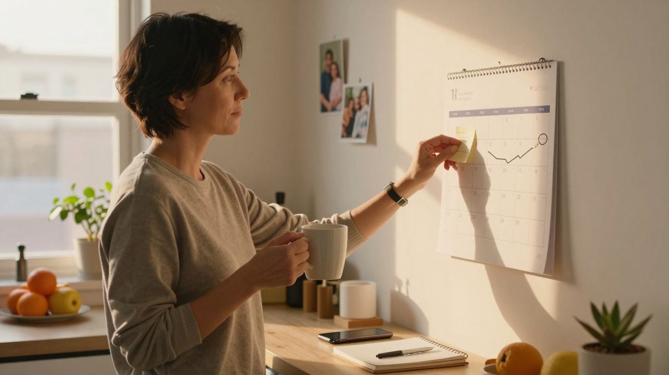 Mulher segurando uma caneca, colando um post-it num calendário de parede, num ambiente iluminado por luz natural.