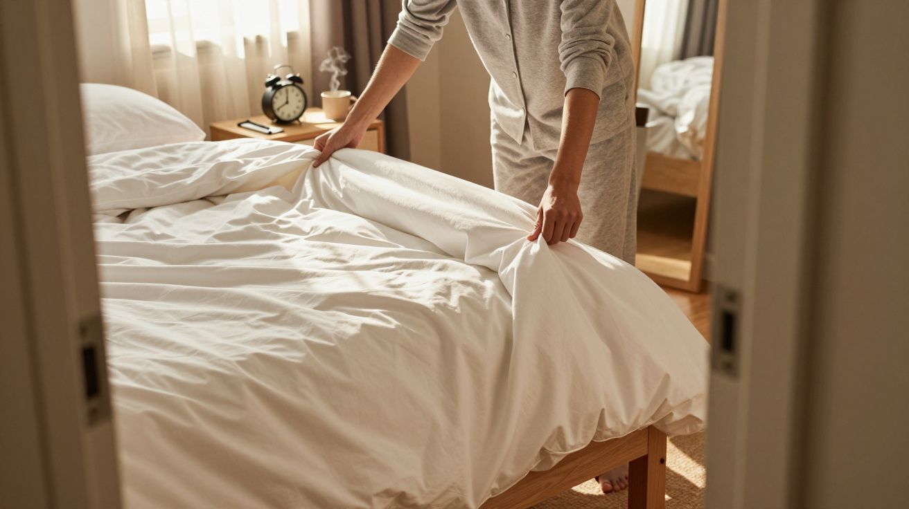 Pessoa fazendo a cama com lençol branco em quarto iluminado, com despertador e planta na mesinha de cabeceira.