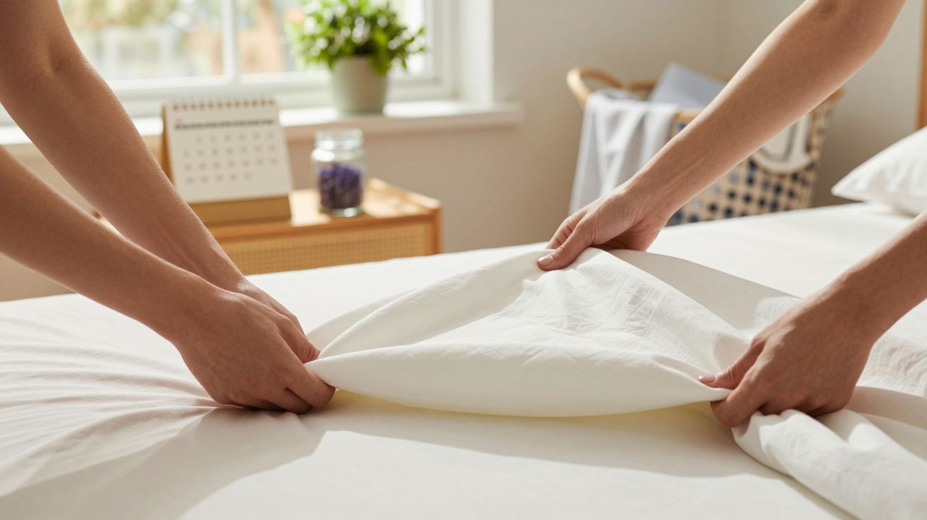 Duas pessoas a fazer uma cama, esticando os lençóis brancos numa divisão iluminada.