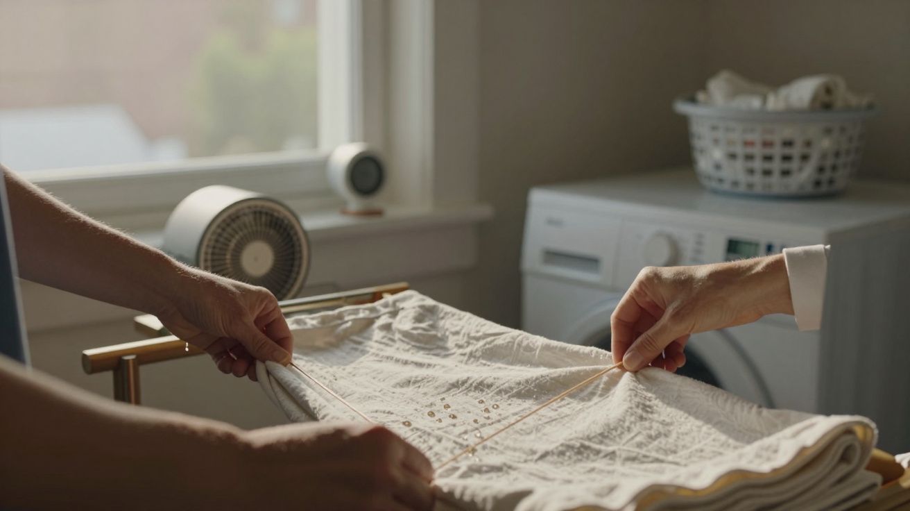 Duas pessoas dobram uma toalha numa lavandaria iluminada, com ventoinha, janela e cesto de roupa ao fundo.