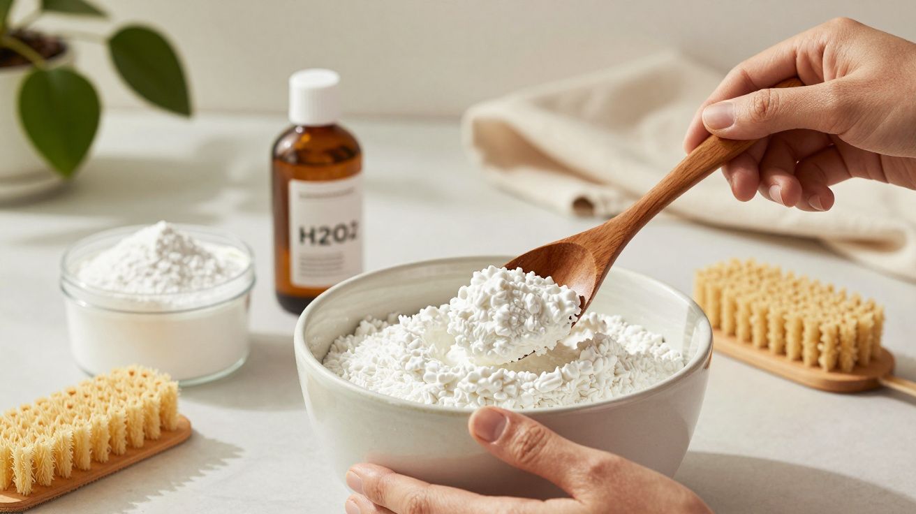 Mão segurando colher com pó branco numa tigela, com escovas e frasco de H2O2 ao fundo, planta ao lado.