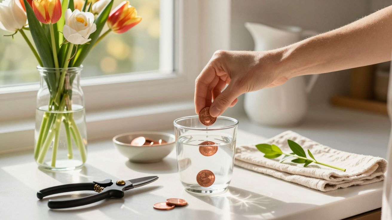 Mão colocando moeda num copo de água, ao lado de tesoura, flores num jarro e guardanapo com folhas.