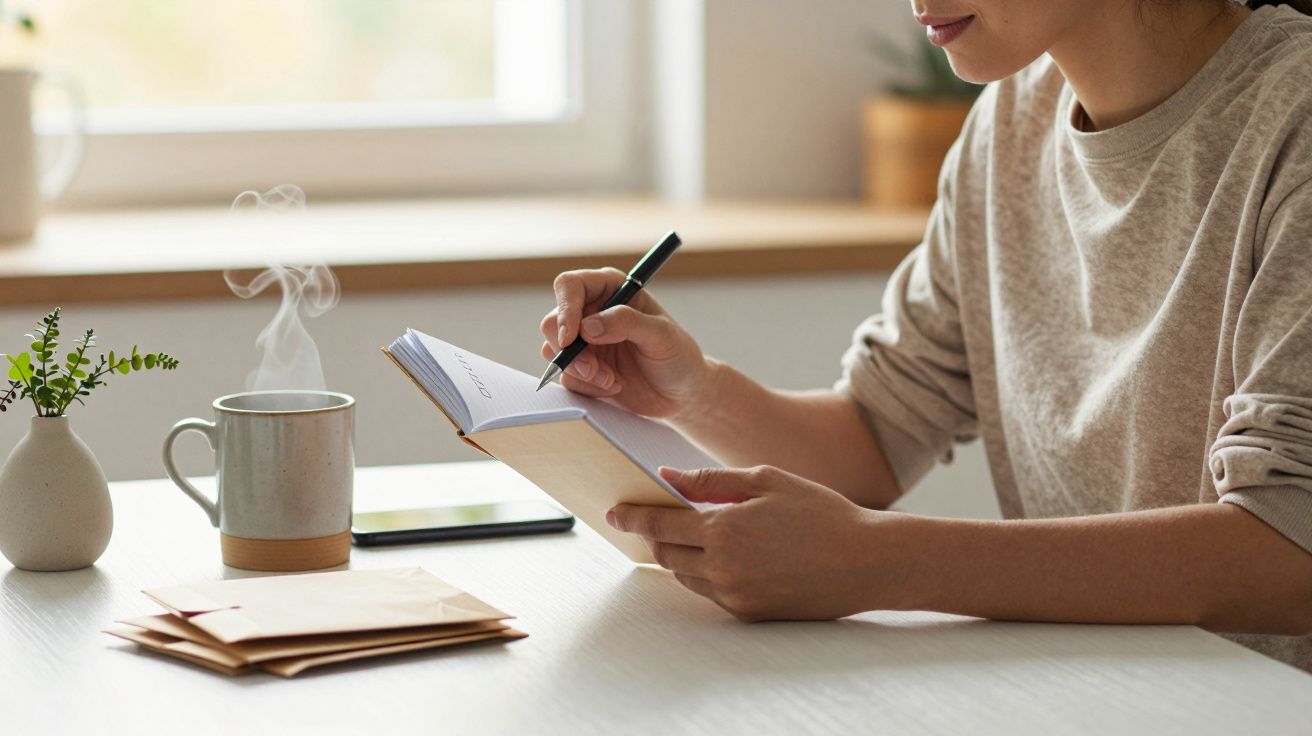 Pessoa escreve num caderno ao lado de uma caneca de café e envelopes sobre a mesa.