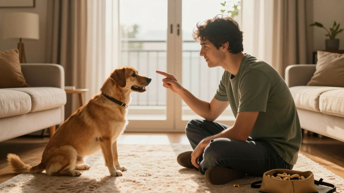 Homem sentado no chão dá instruções a um cão numa sala iluminada.