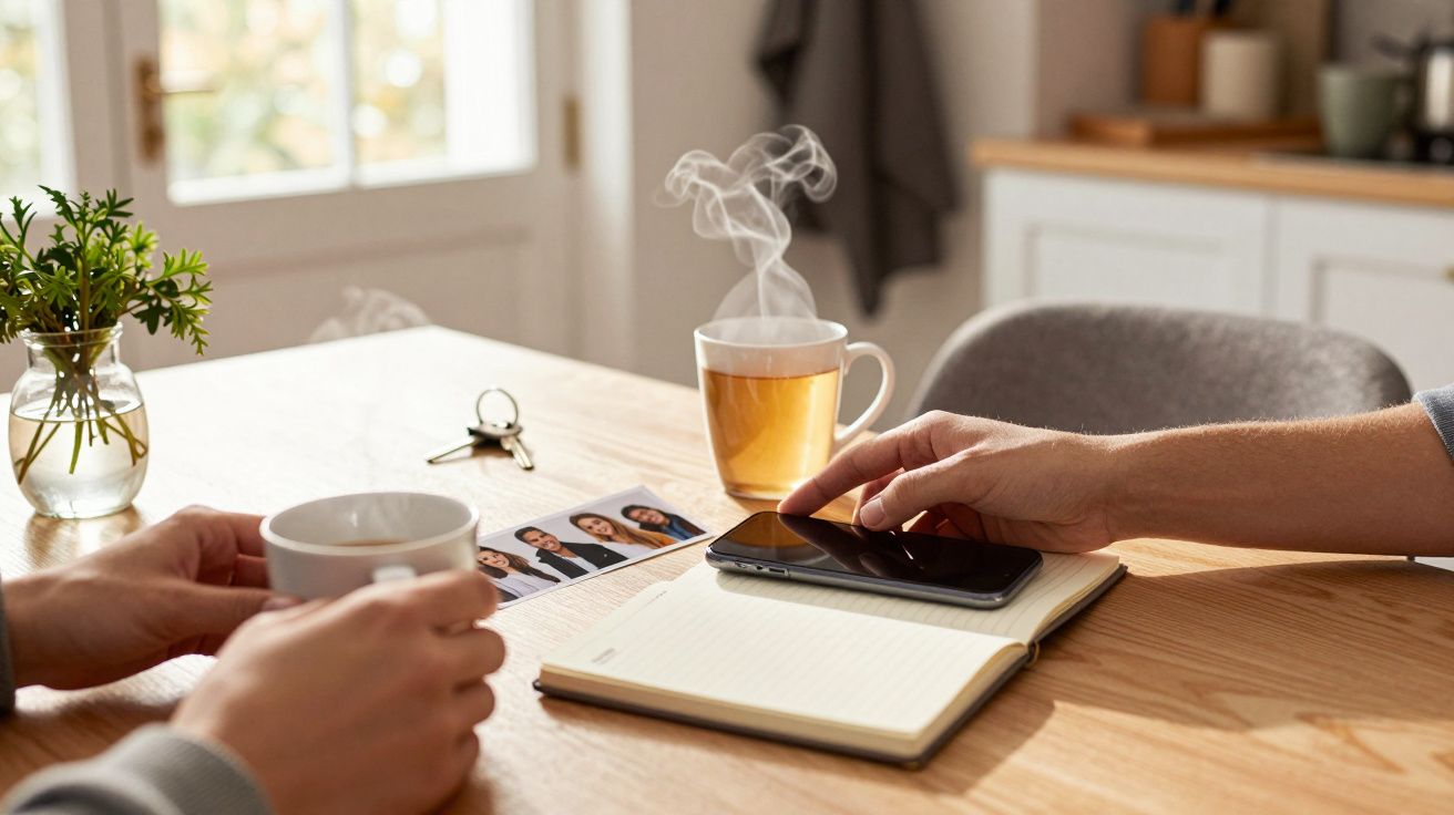 Duas pessoas à mesa com chá e café, caderno aberto, fotos impressas e chaveiro em cima da mesa.