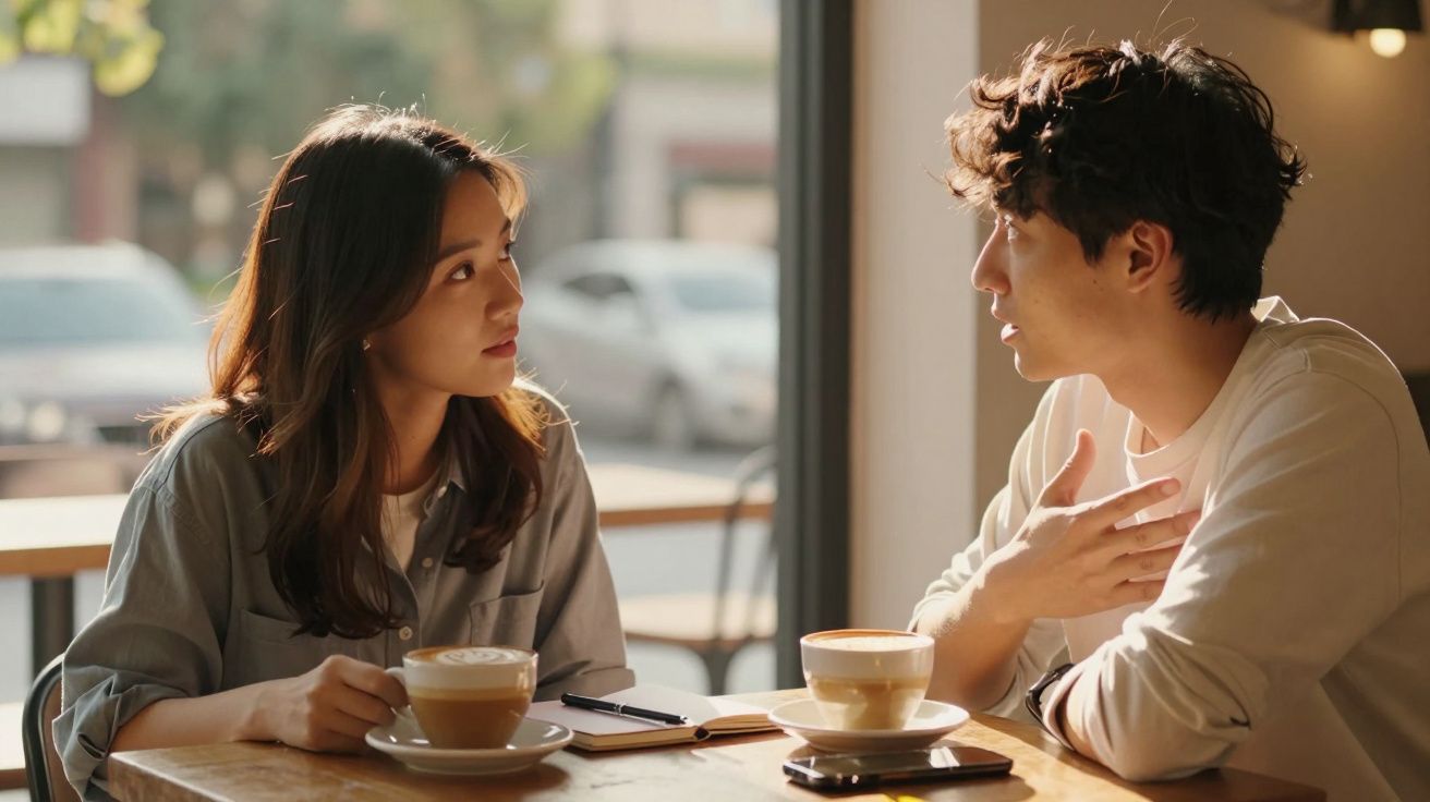 Homem e mulher conversam numa mesa de café com canecas à frente, à luz do dia.