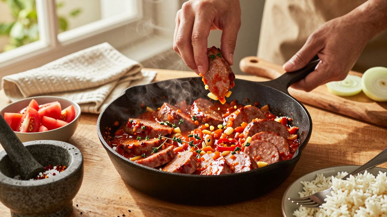 Mãos adicionam legumes a uma frigideira com rodelas de chouriço cozinhando, ao lado de arroz e tomate cortado.