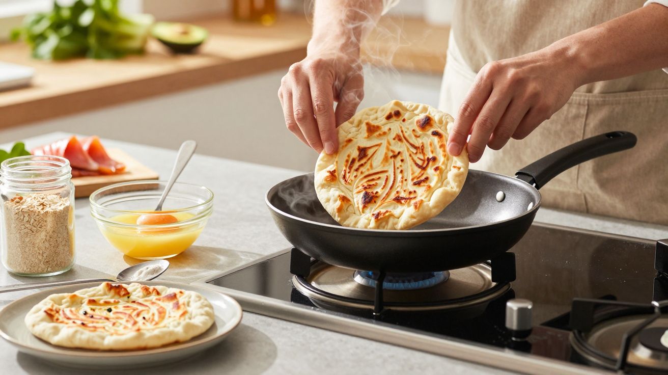 Pessoa a cozinhar pão naan numa frigideira ao lado de ingredientes como ovo, aveia e salmão numa cozinha moderna.