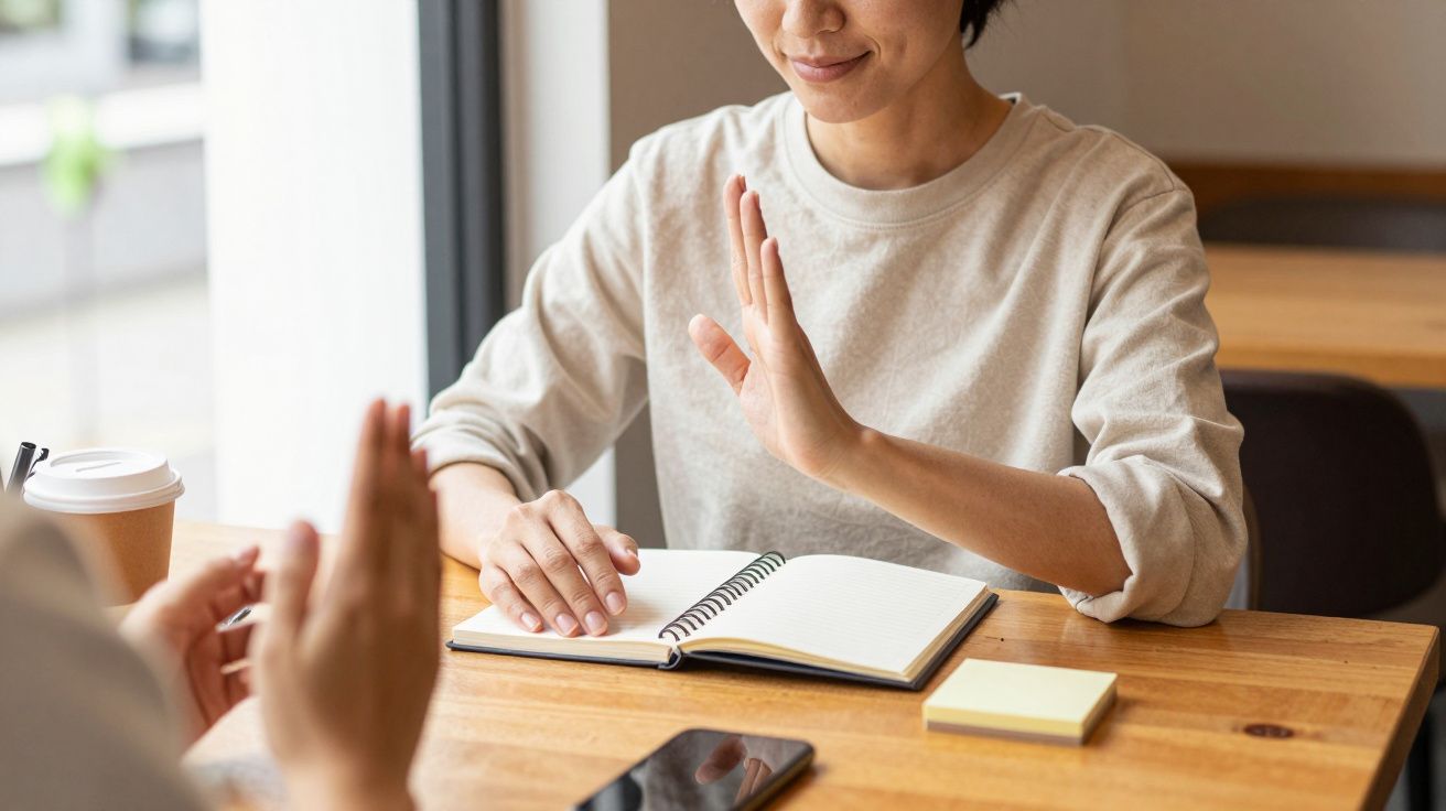 Pessoa sentada à mesa com caderno aberto, gesto de recusa com a mão levantada. Telefone e notas adesivas ao lado.