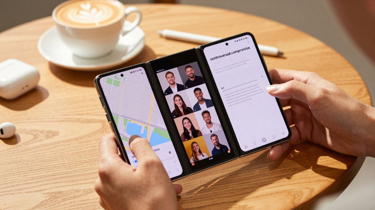 Pessoa segura telemóvel dobrável com mapas, videoconferência e documento abertos, numa mesa com café e auriculares.