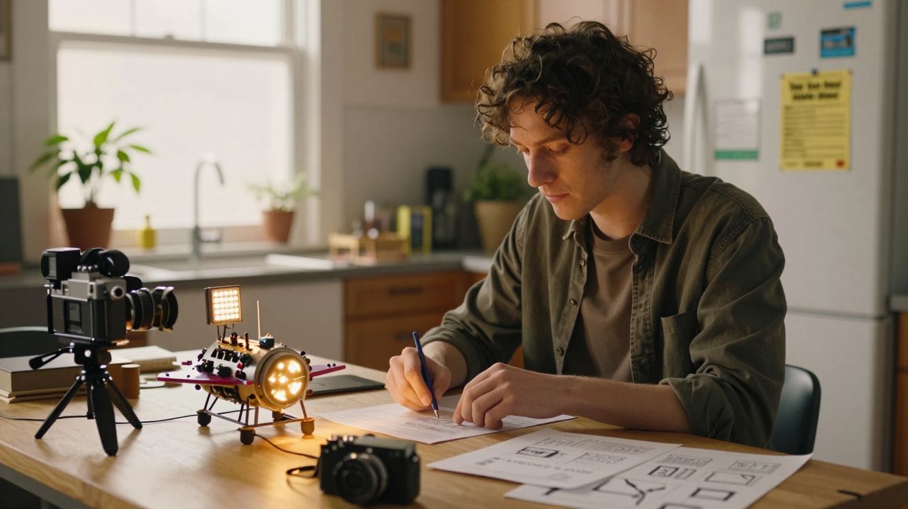 Homem sentado à mesa, escrevendo, com câmaras e luzes em fundo de cozinha bem iluminada.