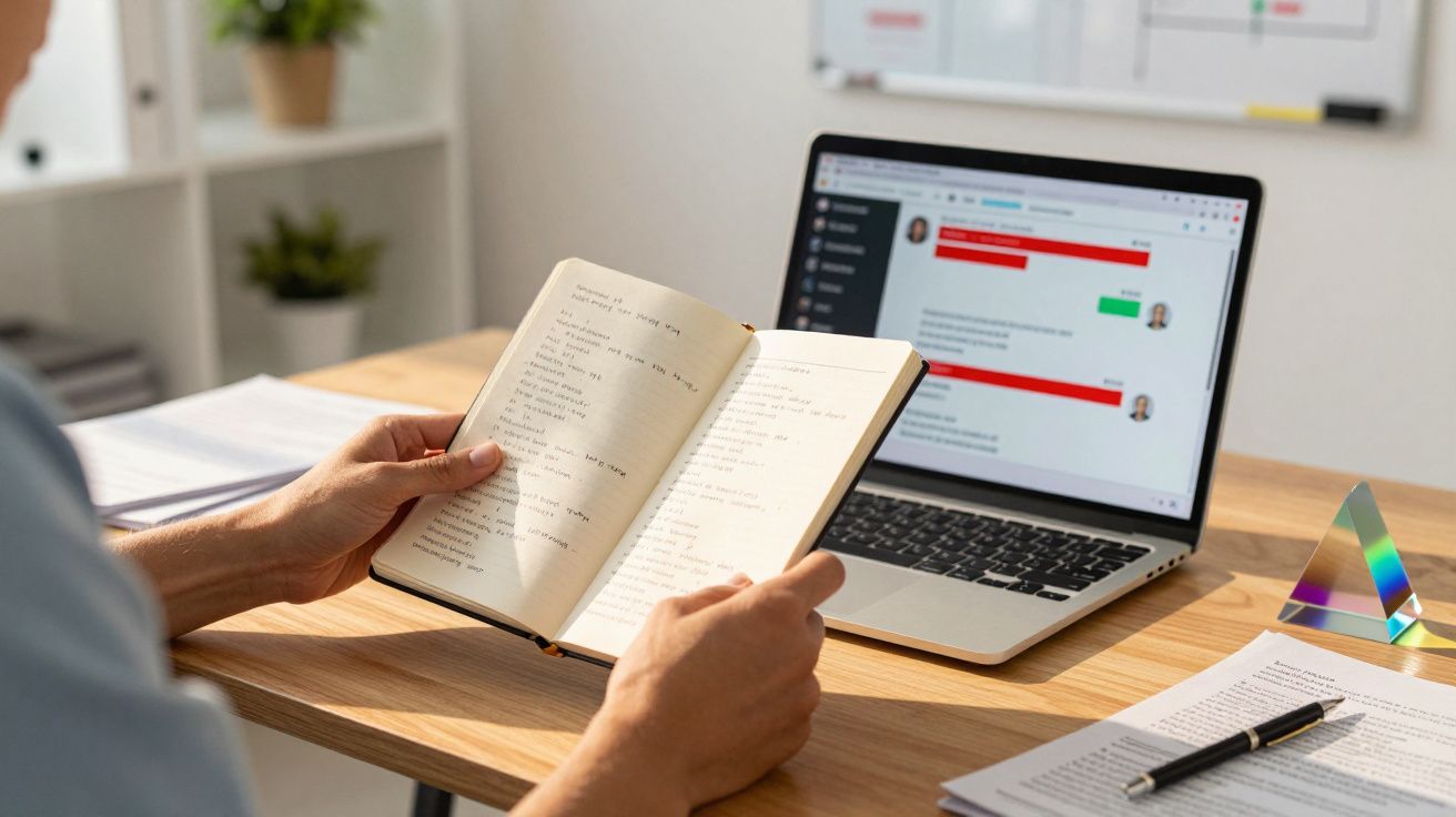 Pessoa a ler um caderno em frente a um portátil com chat, numa mesa com papéis e prismas.