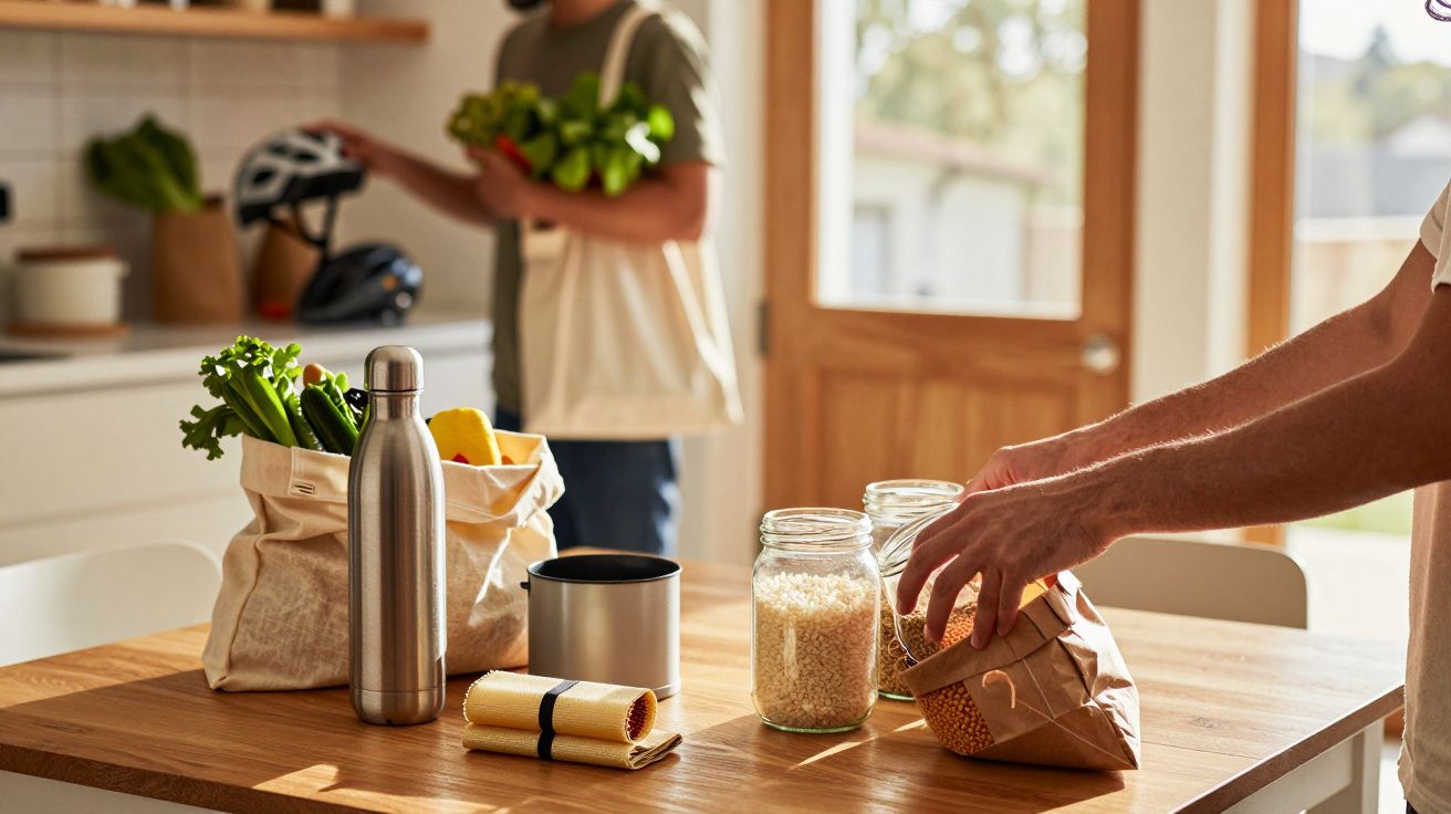 Pessoa colocando mantimentos numa mesa de madeira com frascos de vidro, sacos de papel e garrafa reutilizável numa cozinha.