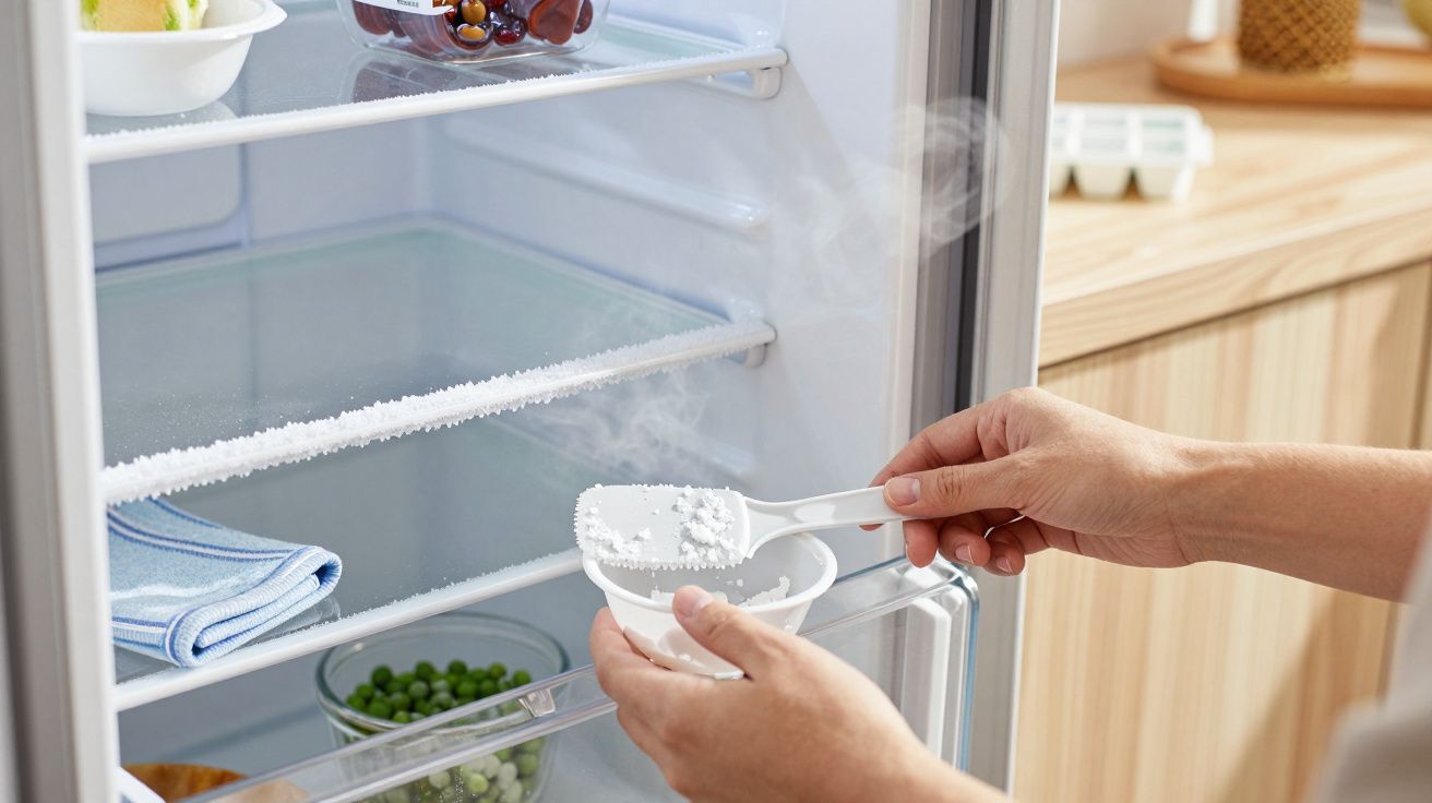 Mãos removem gelo acumulado do congelador de um frigorífico com uma colher de plástico.
