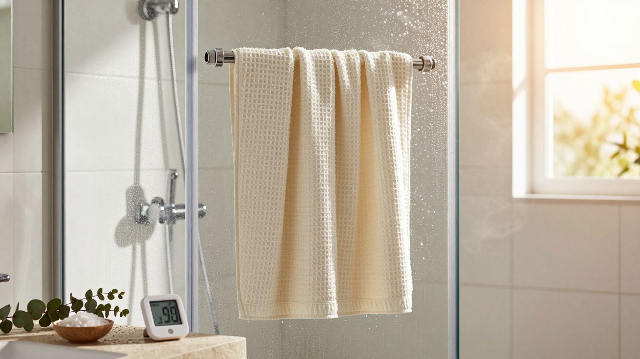 Toalha bege pendurada num suporte de duche, com janela. Termómetro digital na bancada mostra 99 graus.