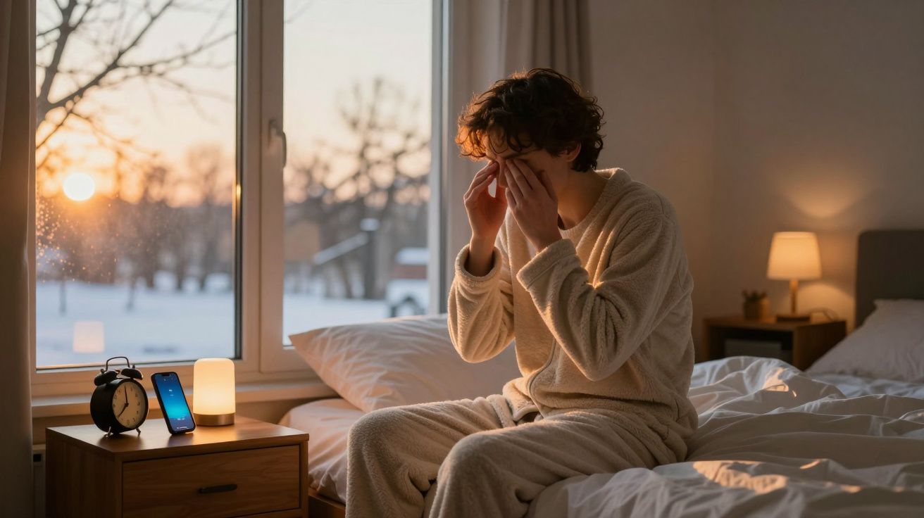 Pessoa em roupa de dormir esfrega os olhos ao lado de uma cama, com vista para o exterior ao nascer do sol.