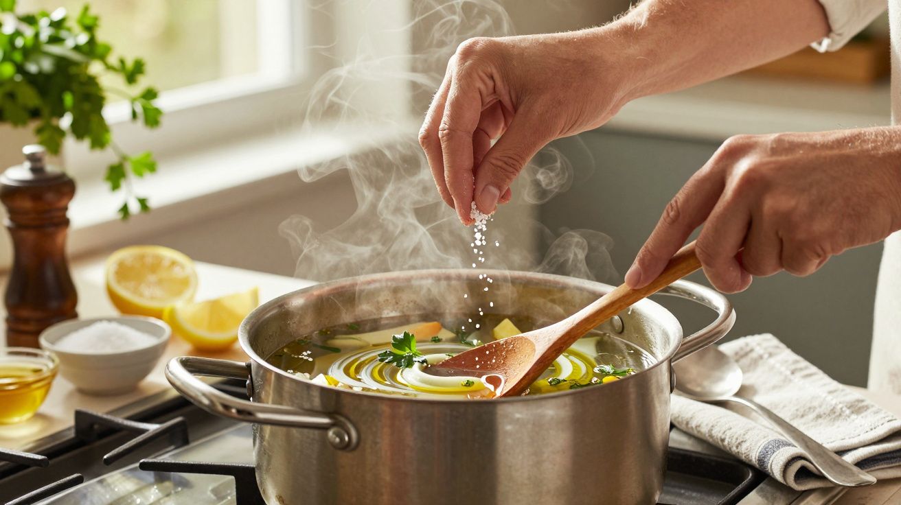 Pessoa tempera sopa numa panela de aço inox em cima do fogão, mexendo com colher de pau.