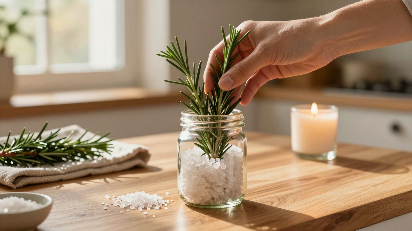 Mão colocando ramos de alecrim num frasco com sal grosso sobre uma mesa de madeira, com vela acesa ao fundo.