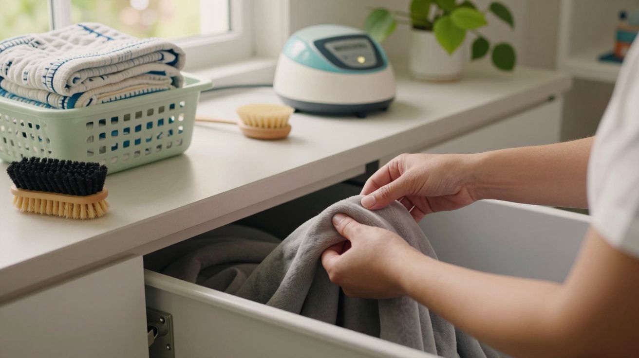 Mãos dobram roupa cinza, com escovas, cesto com toalhas e dispositivo no fundo, decoração minimalista.