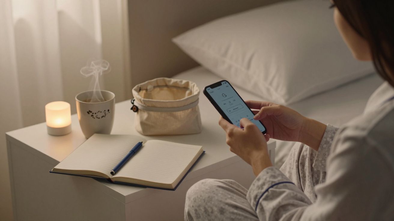 Pessoa em pijama usa telemóvel na cama perto de mesa com caderno, caneta, vela e chávena.