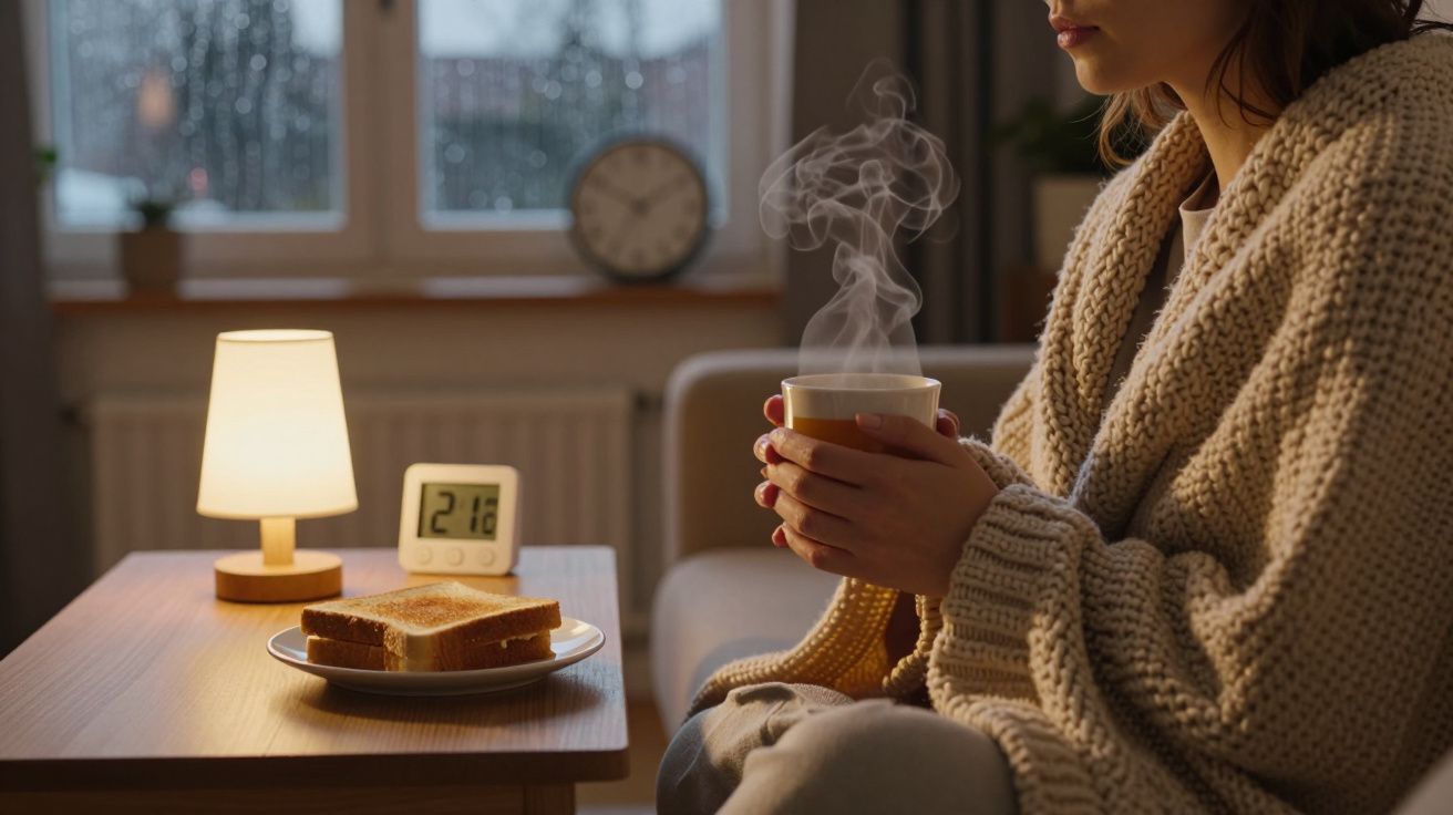 Mulher coberta com manta segura chá quente. Mesinha com torradas, candeeiro e relógio digital perto.