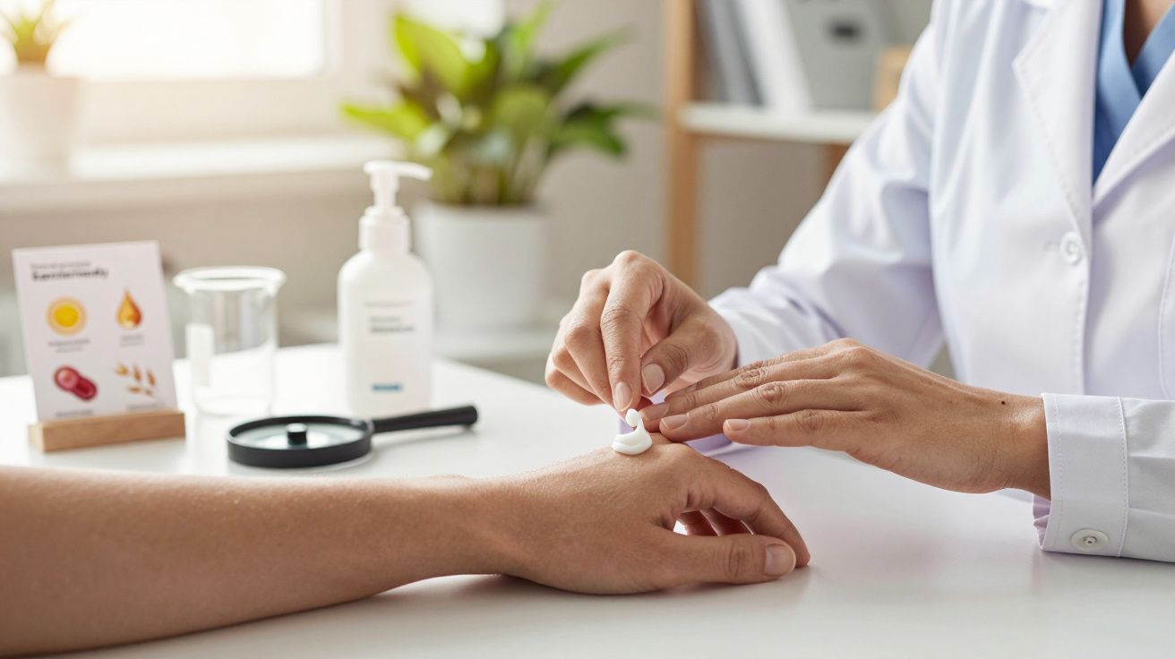 Médico aplica creme na mão de um paciente em consultório, com plantas e produtos ao fundo.