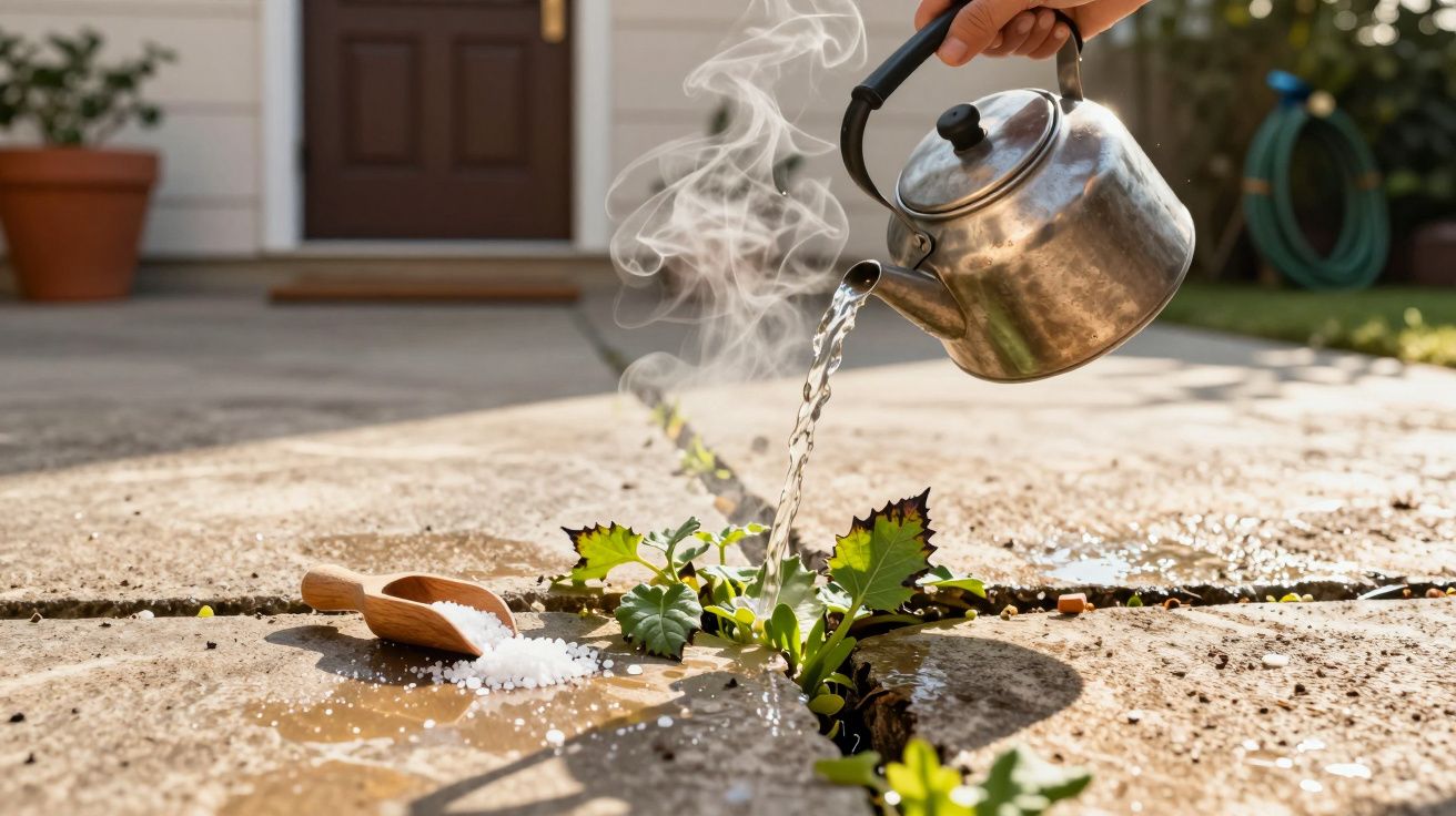 Chaleira de metal despeja água quente em erva daninha numa fenda de calçada com uma colher de madeira ao lado.