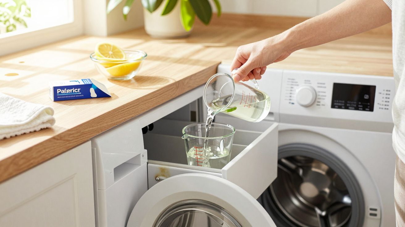 Pessoa a verter líquido numa máquina de lavar roupa numa cozinha iluminada com limões e toalha no balcão de madeira.