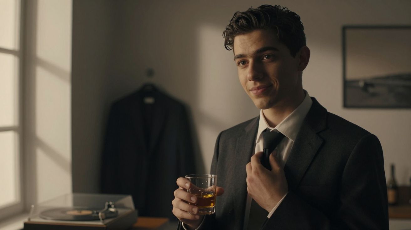 Homem de fato ajusta a gravata enquanto segura um copo de whisky, com um fato pendurado e um gira-discos ao fundo.
