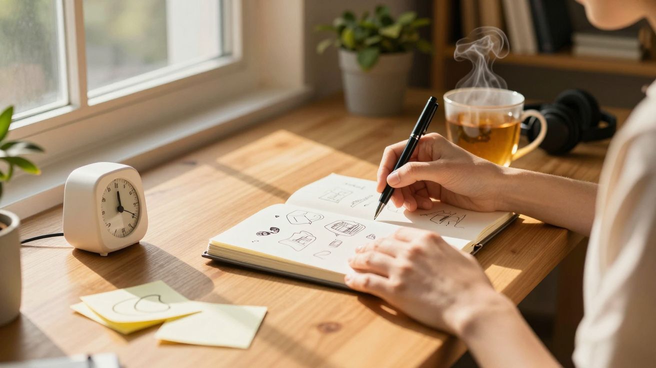 Pessoa a desenhar num caderno numa mesa de madeira com chá, relógio e plantas ao lado.