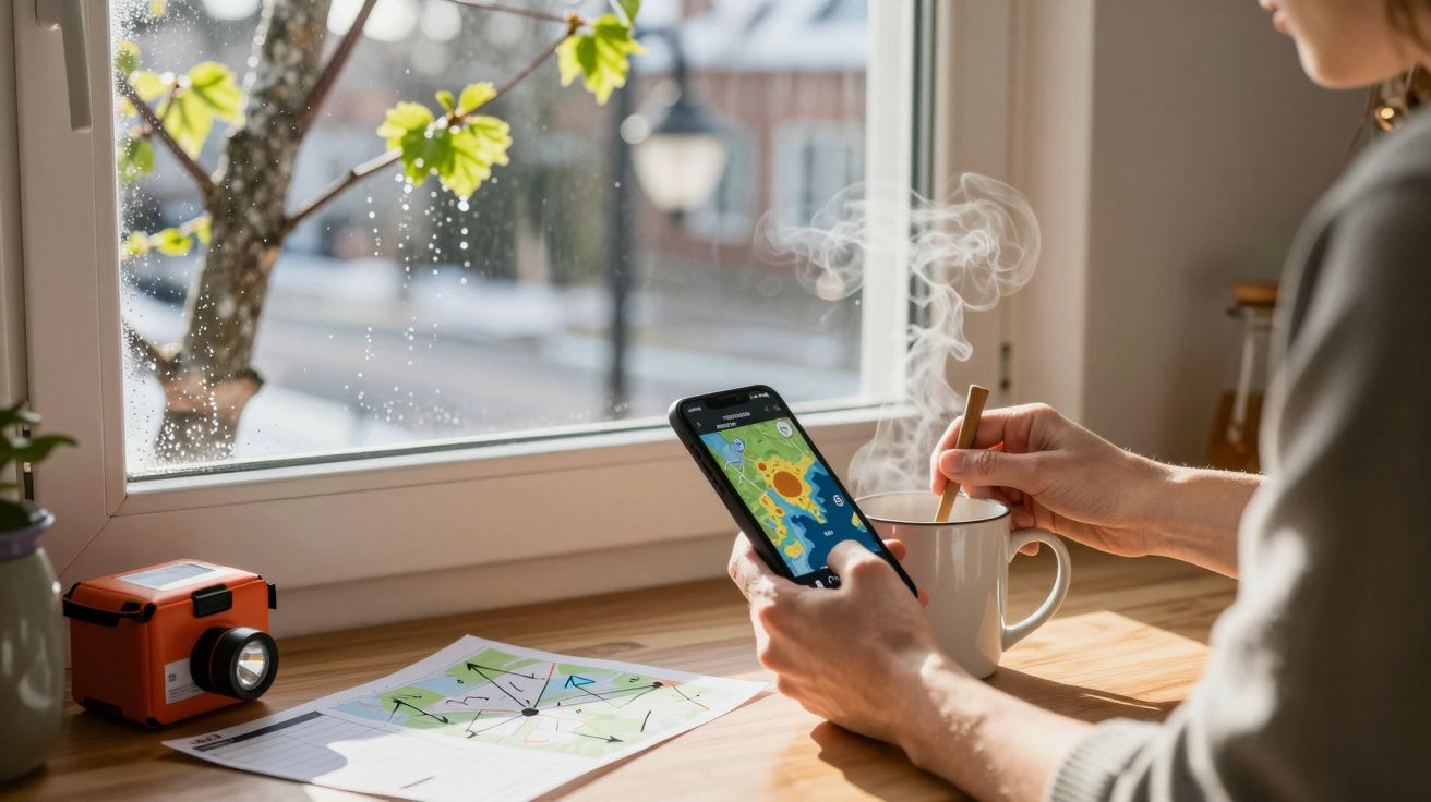 Pessoa mexe uma bebida quente ao lado de um smartphone e mapas numa mesa, com vista para uma janela molhada pela chuva.