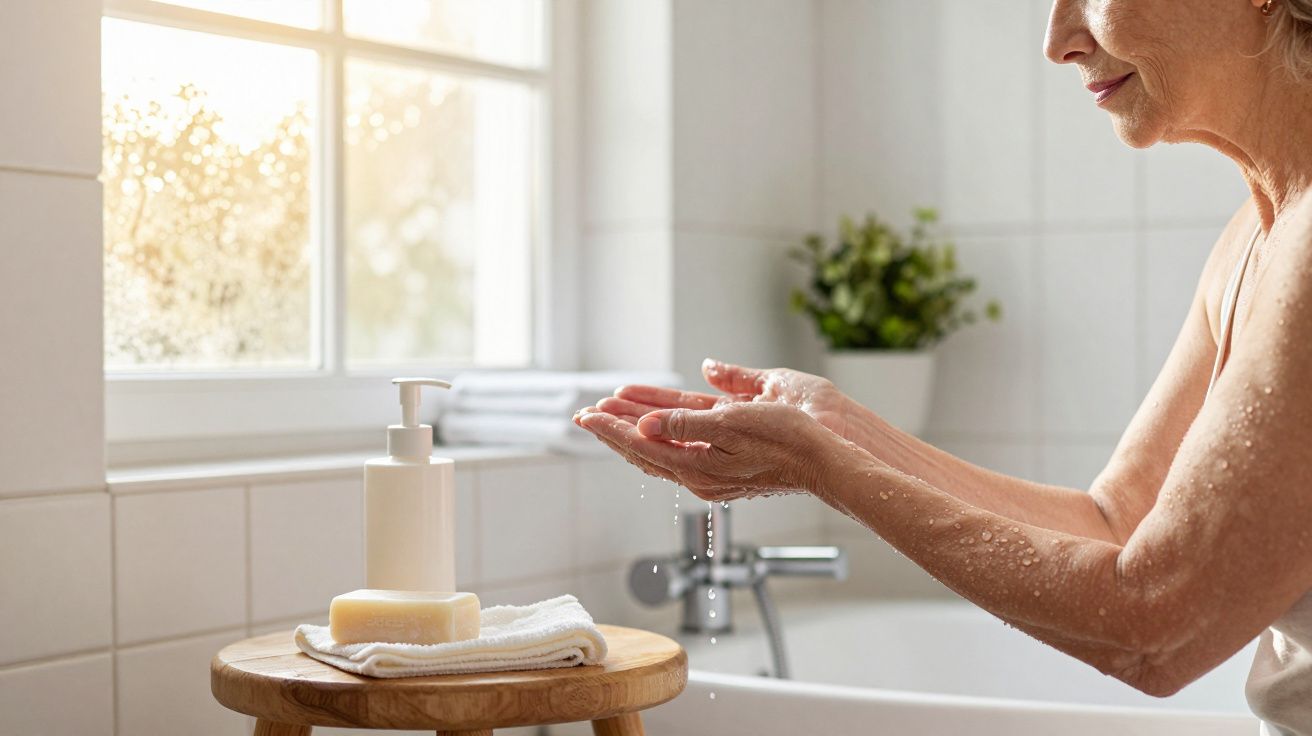 Mulher idosa lavando as mãos na casa de banho com sabonete e toalha em mesa de madeira ao lado de janela.